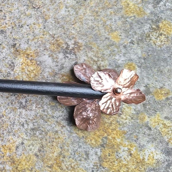 Artisan-Crafted Wooden Hairpin Embellished with Handmade Copper Floral Accents