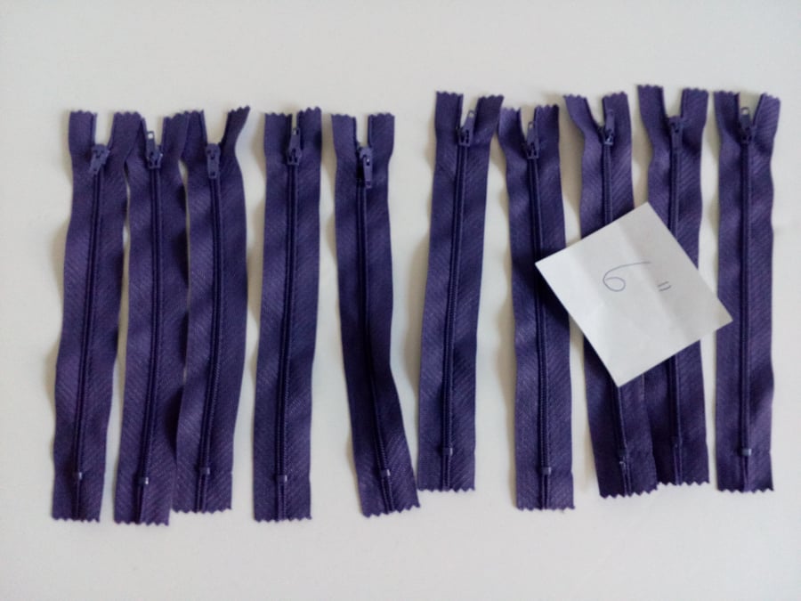 Zip, Pack of 10 purple 6" zips,  purple, zip, 6" zip, 15cm zip, nylon zip, 