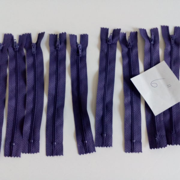 Zip, Pack of 10 purple 6" zips,  purple, zip, 6" zip, 15cm zip, nylon zip, 