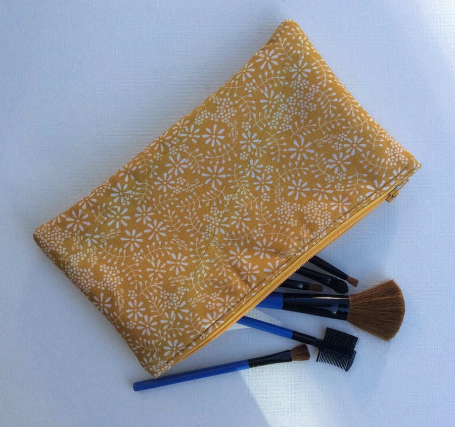 Make up Bag, white floral on mustard yellow