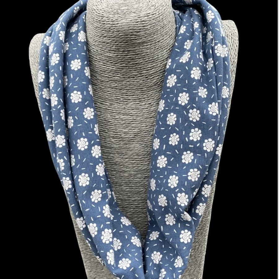 Denim blue flower Jersey Cotton Infinity Scarf