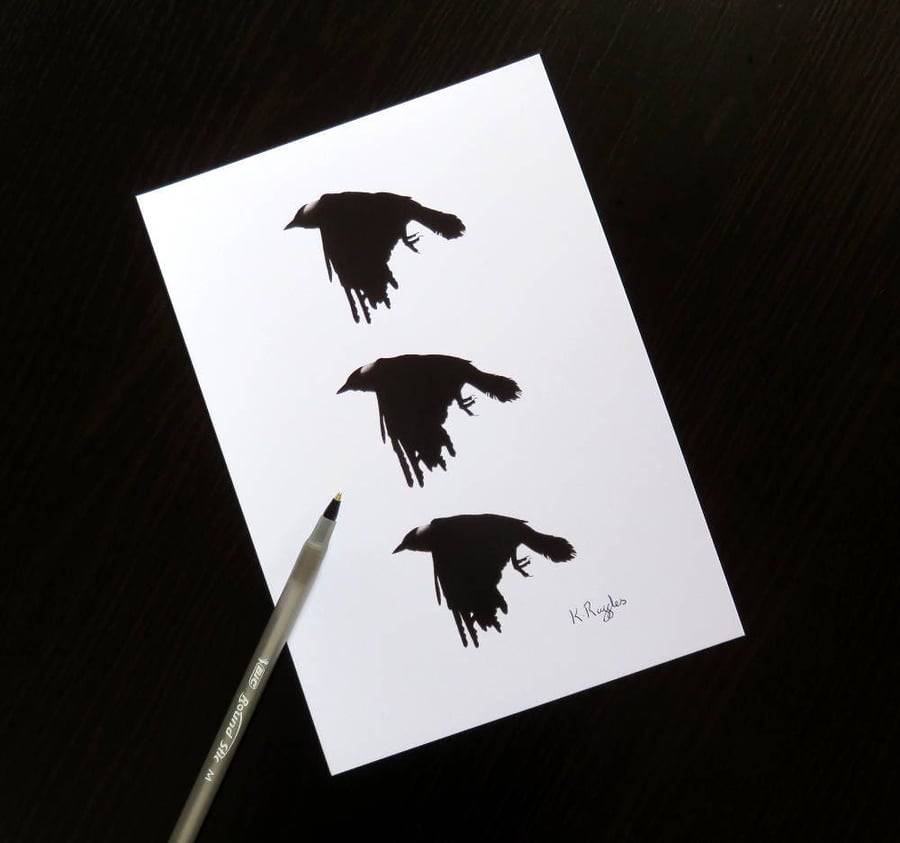 Limited edition crow print, A5, black and white wildlife art
