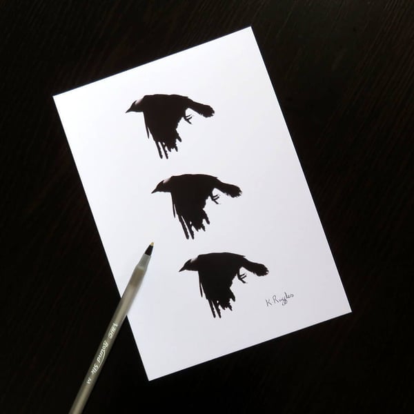 Limited edition crow print, A5, black and white wildlife art