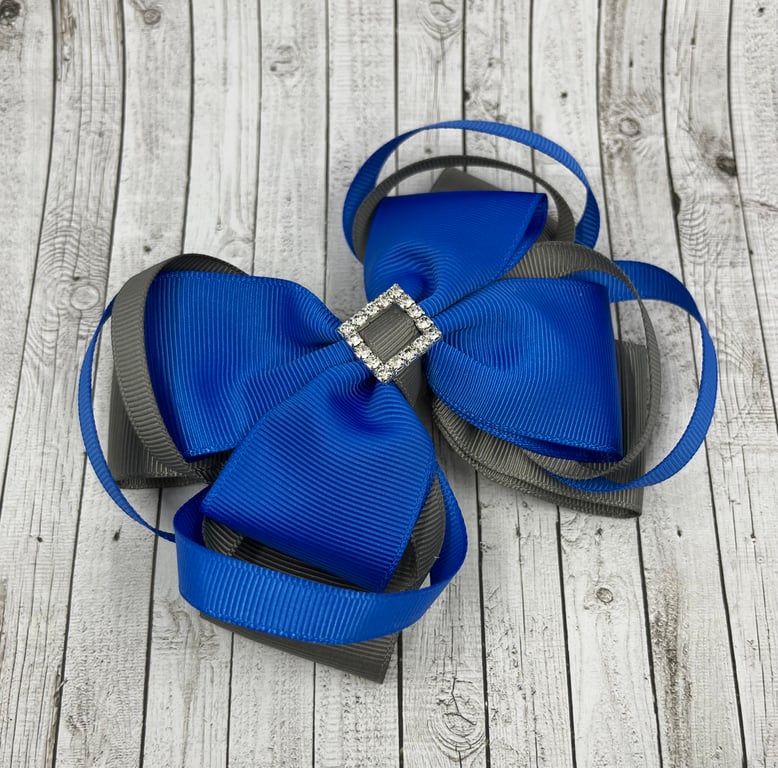 Large 5 inch Royal Blue and Grey Double Layer Bow with Double Loops