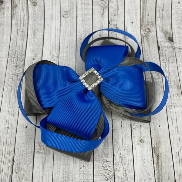 Large 5 inch Royal Blue and Grey Double Layer Bow with Double Loops