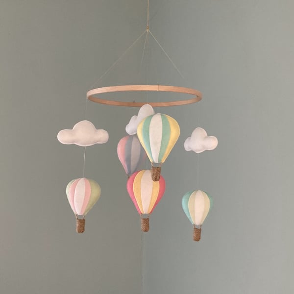 Multicoloured Nursery Mobile with Hot Air Balloons and Clouds