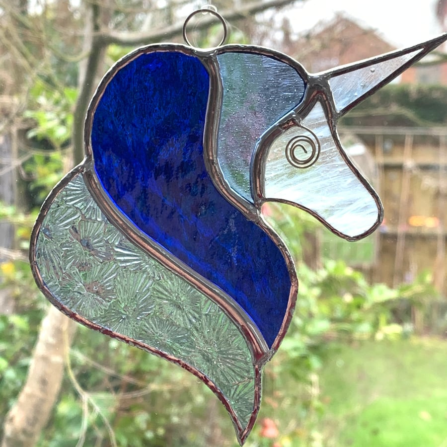 Stained Glass Unicorn Suncatcher - Handmade Decoration - Blue 