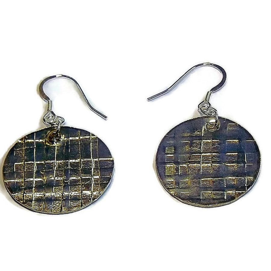 Unique textured pewter handmade  disc earrings