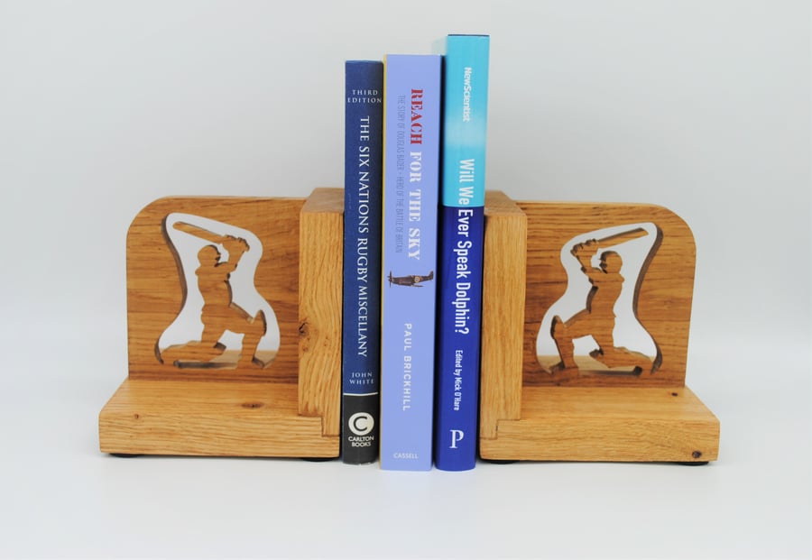 Wooden Cricketer Bookends - Oak
