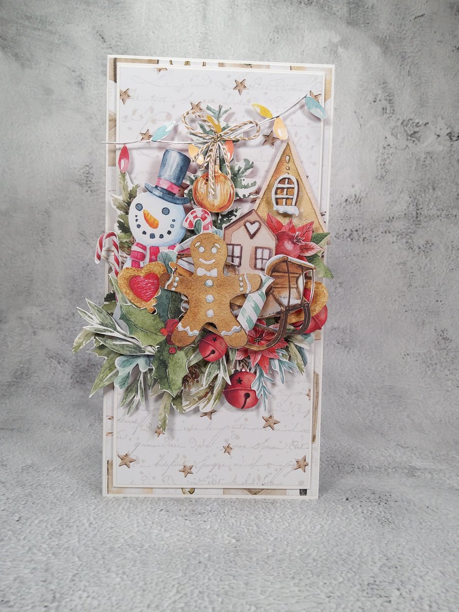 Handmade Christmas Card (40) Gingerbread, Snowman & Festive Village Scene