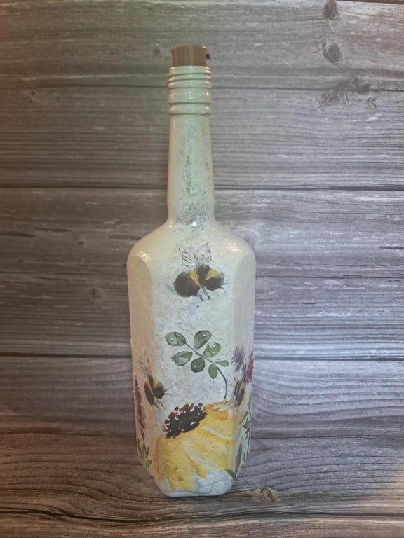 Hand Painted and Decoupaged Light up Floral Bumblebee Bottle