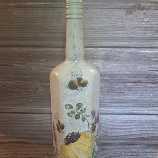 Hand Painted and Decoupaged Light up Floral Bumblebee Bottle