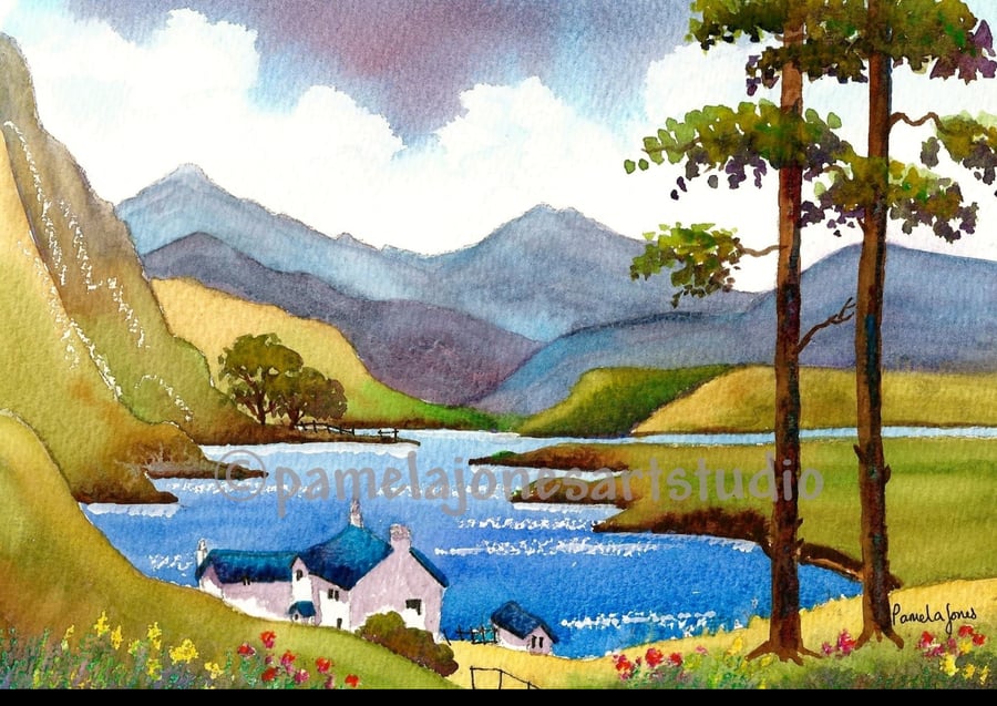 Lakeside Cottage, Snowdonia, North Wales, Watercolour Print in 14 x 11'' mount