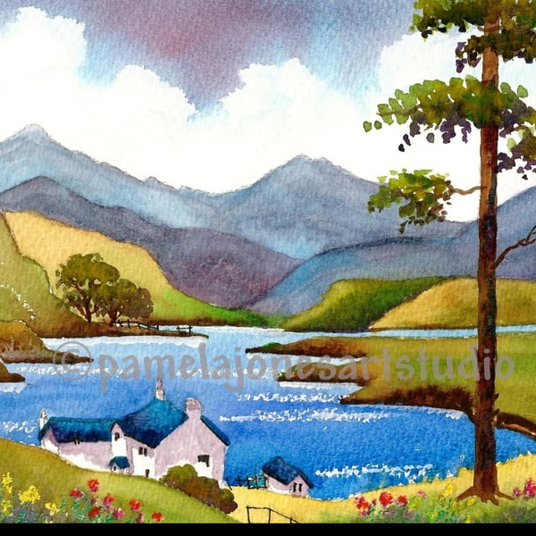 Lakeside Cottage, Snowdonia, North Wales, Watercolour Print in 14 x 11'' mount