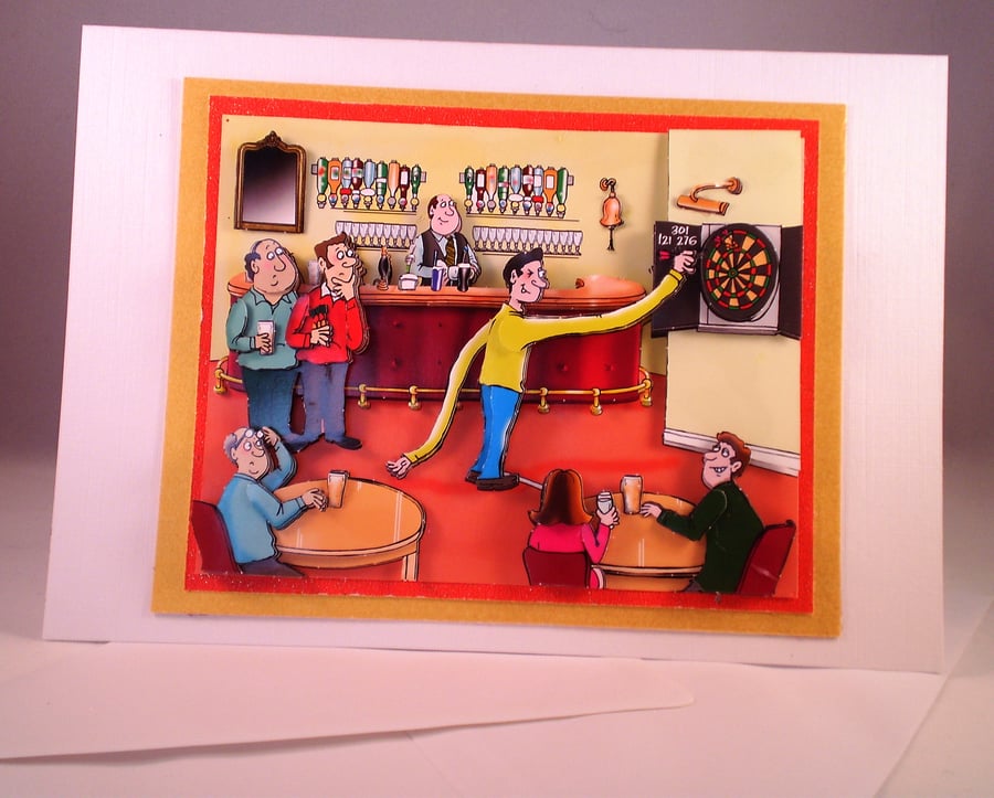 Handmade Humorous 3D Men Playing Darts, Blank or Any Occasion Greetings Card