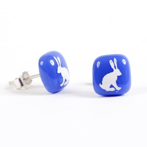 White Rabbit Earrings Fused Glass with Screen Printed Kiln Fired Enamel