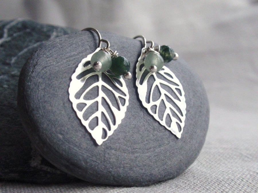 Silver Leaf Earrings with Green Moss Agate and Gemstones