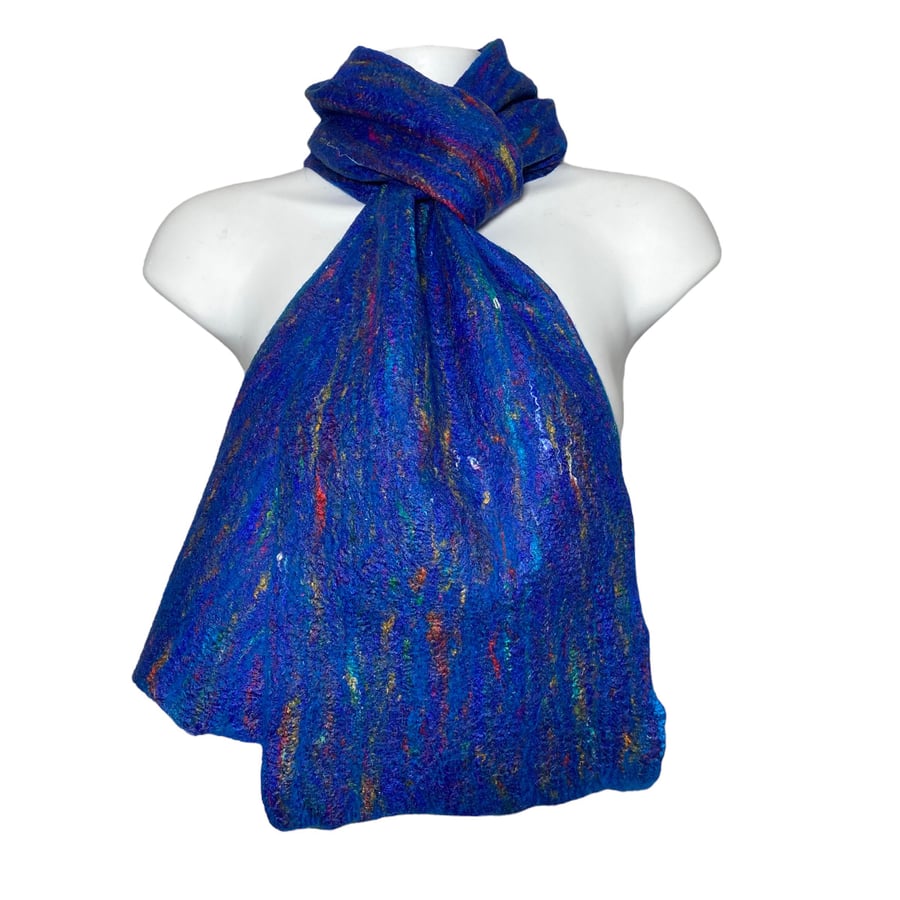 Blue scarf, merino wool with silk fibre decoration