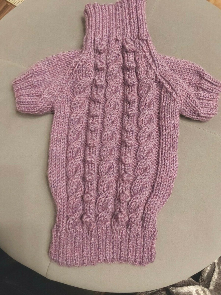 Medium dog puppy sweater jumper coat 14.5”L 16”G hand knit (raglan sleeved)