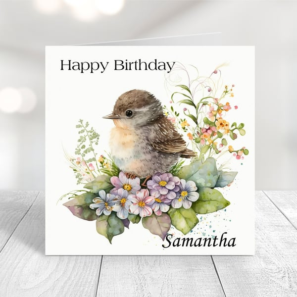 Personalised Spring Birds Birthday Card. Design 7