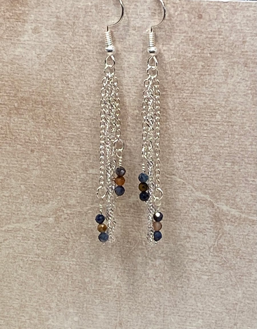 Silver plated chain chandelier earrings with tiny pietersite stones 
