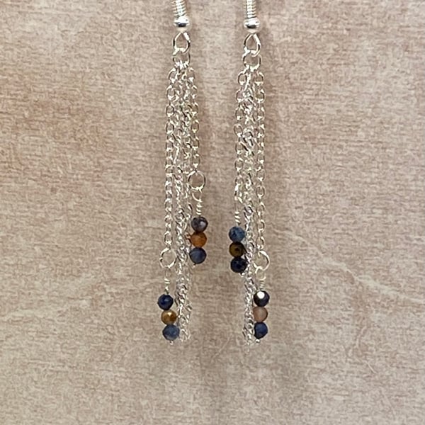 Silver plated chain chandelier earrings with tiny pietersite stones 