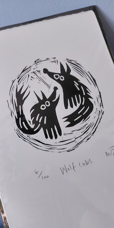Wolf Cubs - lino cut print