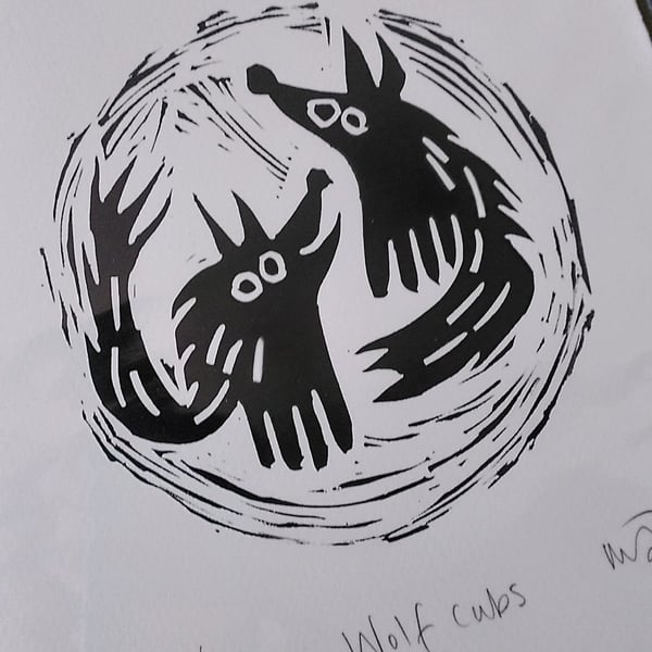 Wolf Cubs - lino cut print