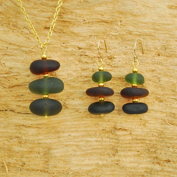 Olive and brown sea glass pendant and earrings