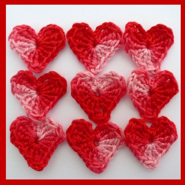 9 small, crochet  hearts, appliques and embellishments