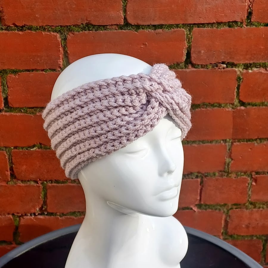 Handmade crochet twisted headband, chunky beige ear warmer
