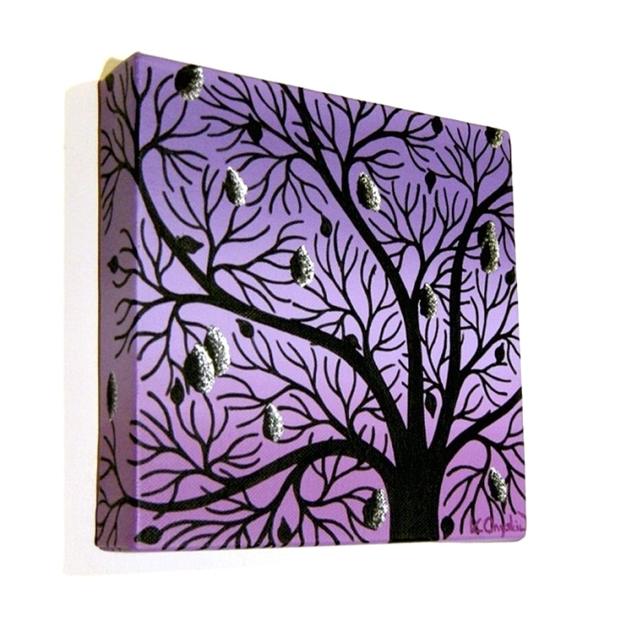 Lilac Tree Silhouette Painting - original acrylic art of purple and black tree