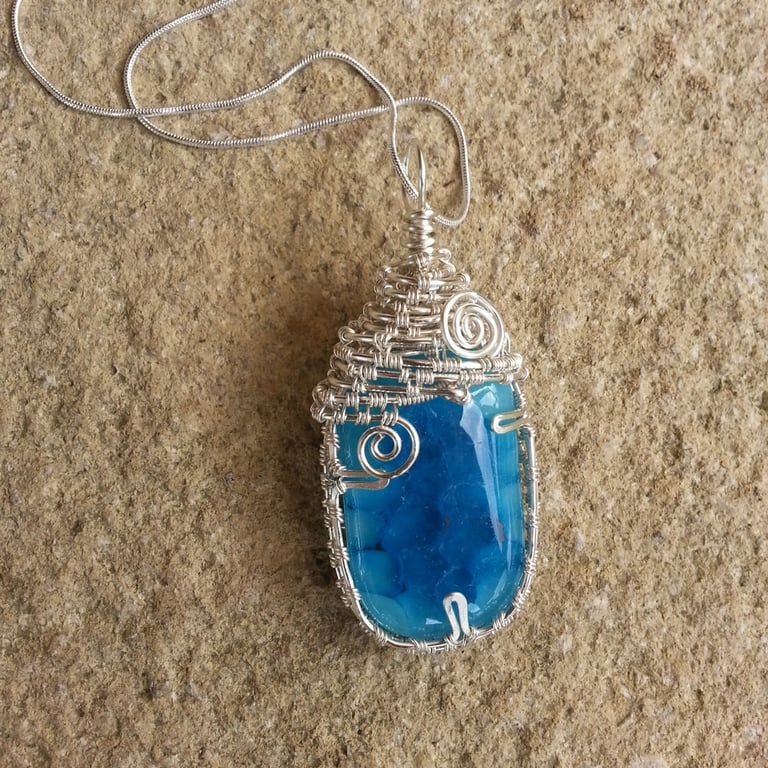 Blue Fused Glass Pendant Necklace - Wire Woven One of a Kind Jewellery