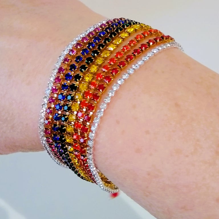 Rainbow Crystal Cupchain Eight Strand Cuff Bracelet 7 Inch Adjustable to 8 Inch 