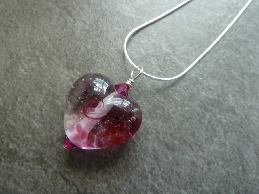 sterling silver chain, pink heart lampwork glass pendant