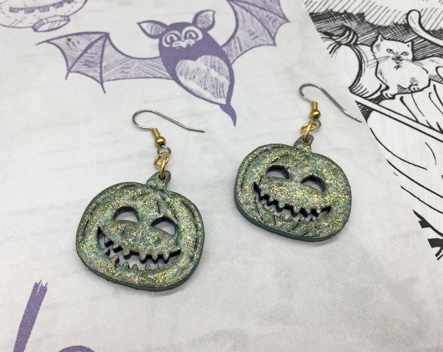 Blue green pumpkin sparkle dangle earrings