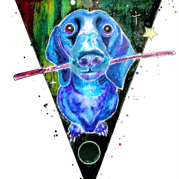 Space Dawg Blue Dachshund A6 Print Postcard & Kraft Brown Envelope - 'Balance'