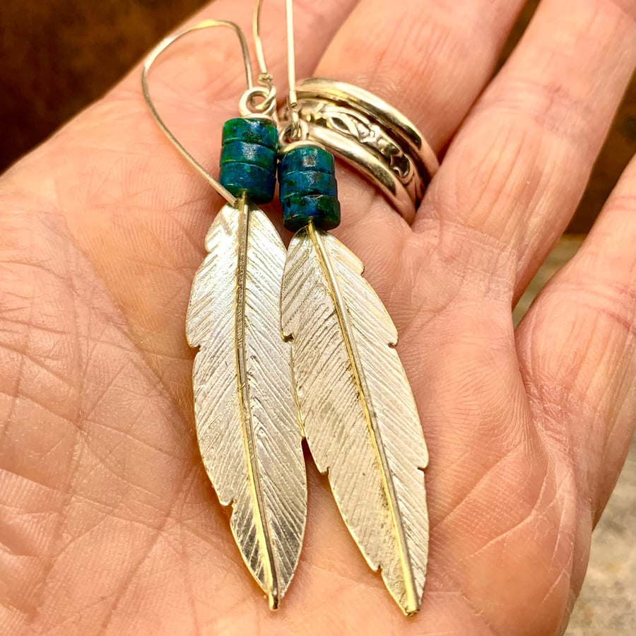 Silver & Azurite Feather Earrings