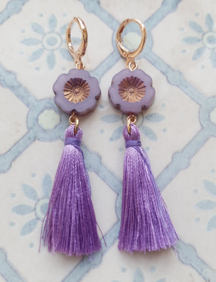 Purple & Rose Gold Floral And Tassel Dangle Earrings - Lever Back Fastening