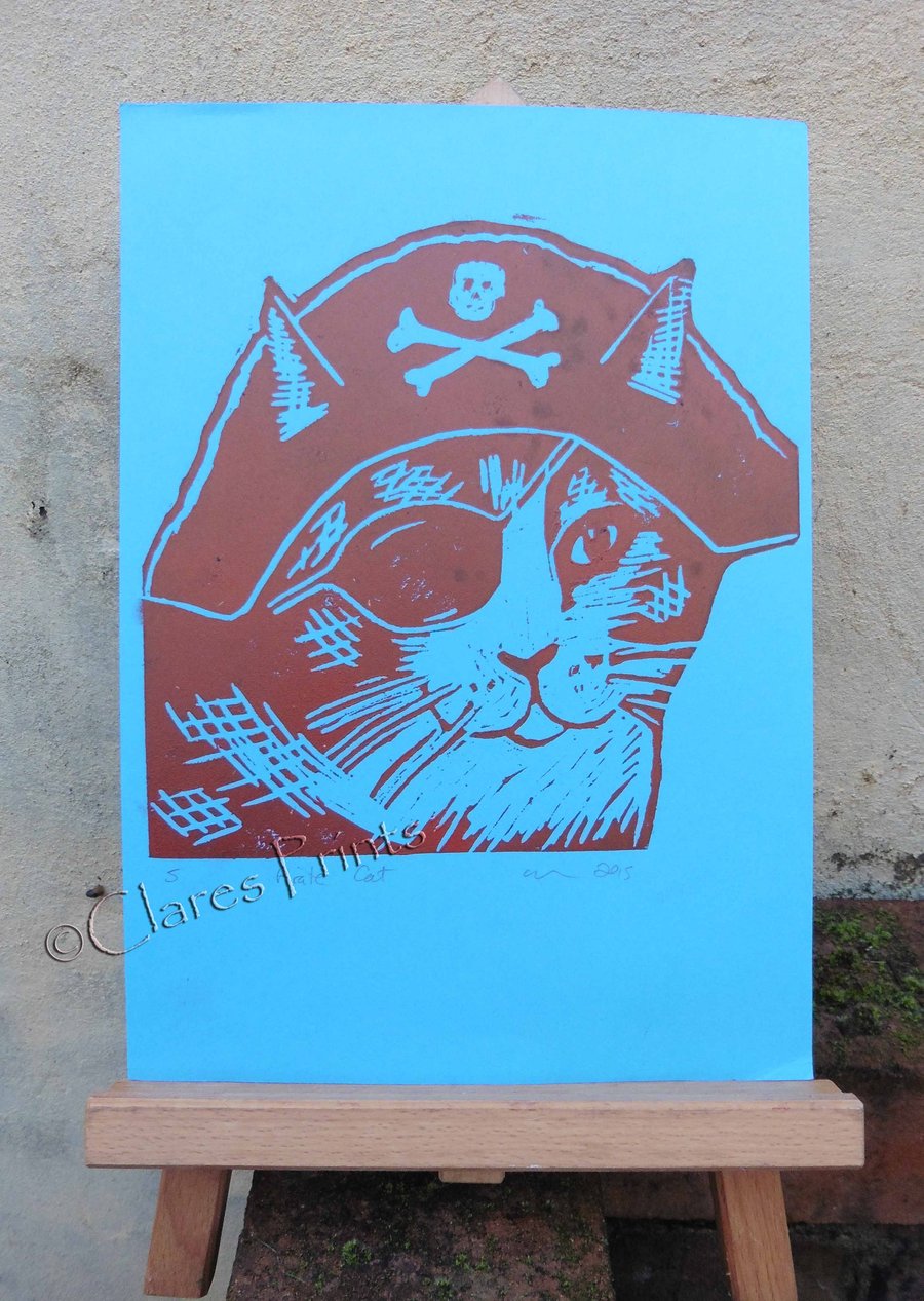 Pirate Cat Open Edition Hand-Pulled Linocut Print 