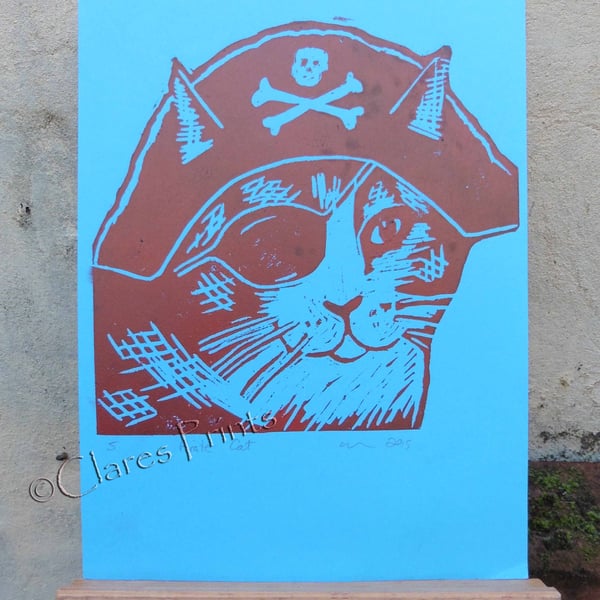 Pirate Cat Open Edition Hand-Pulled Linocut Print 