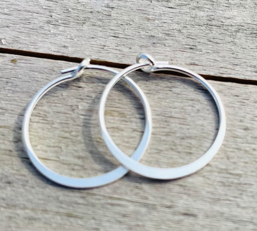 15mm Sterling Silver Hammered Flat Hoop Earrings.