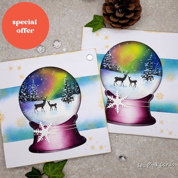Northern Lights Christmas Cards - handmade christmas card set of 2 deer trees