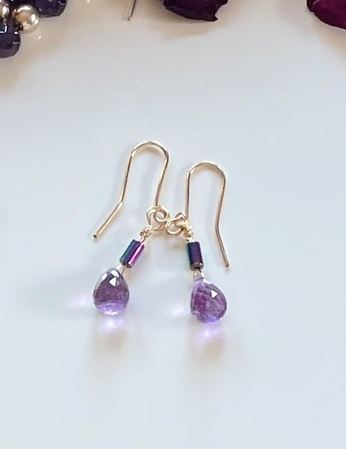 Amethyst briolette and gold filled dangly earrings