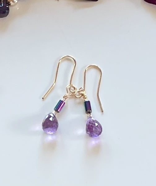 Amethyst briolette and gold filled dangly earrings