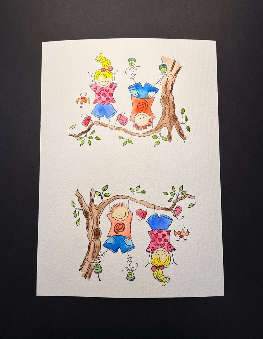 A5 card topper page using Penny Black stamps - Kids hanging from a tree x 2