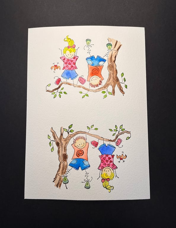 A5 card topper page using Penny Black stamps - Kids hanging from a tree x 2