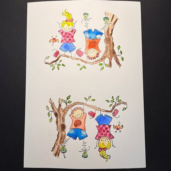 A5 card topper page using Penny Black stamps - Kids hanging from a tree x 2