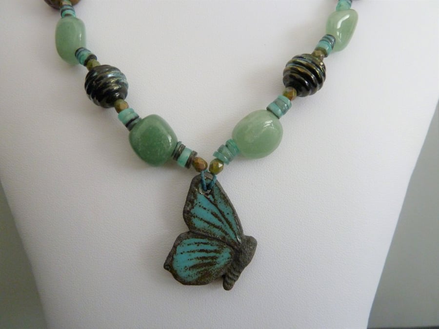 handmade green butterfly necklace, copper and lampwork