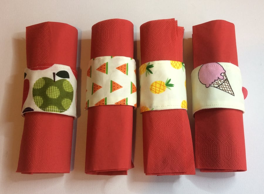 Fabric Napkin Rings, cotton with fruit and ice cream motifs